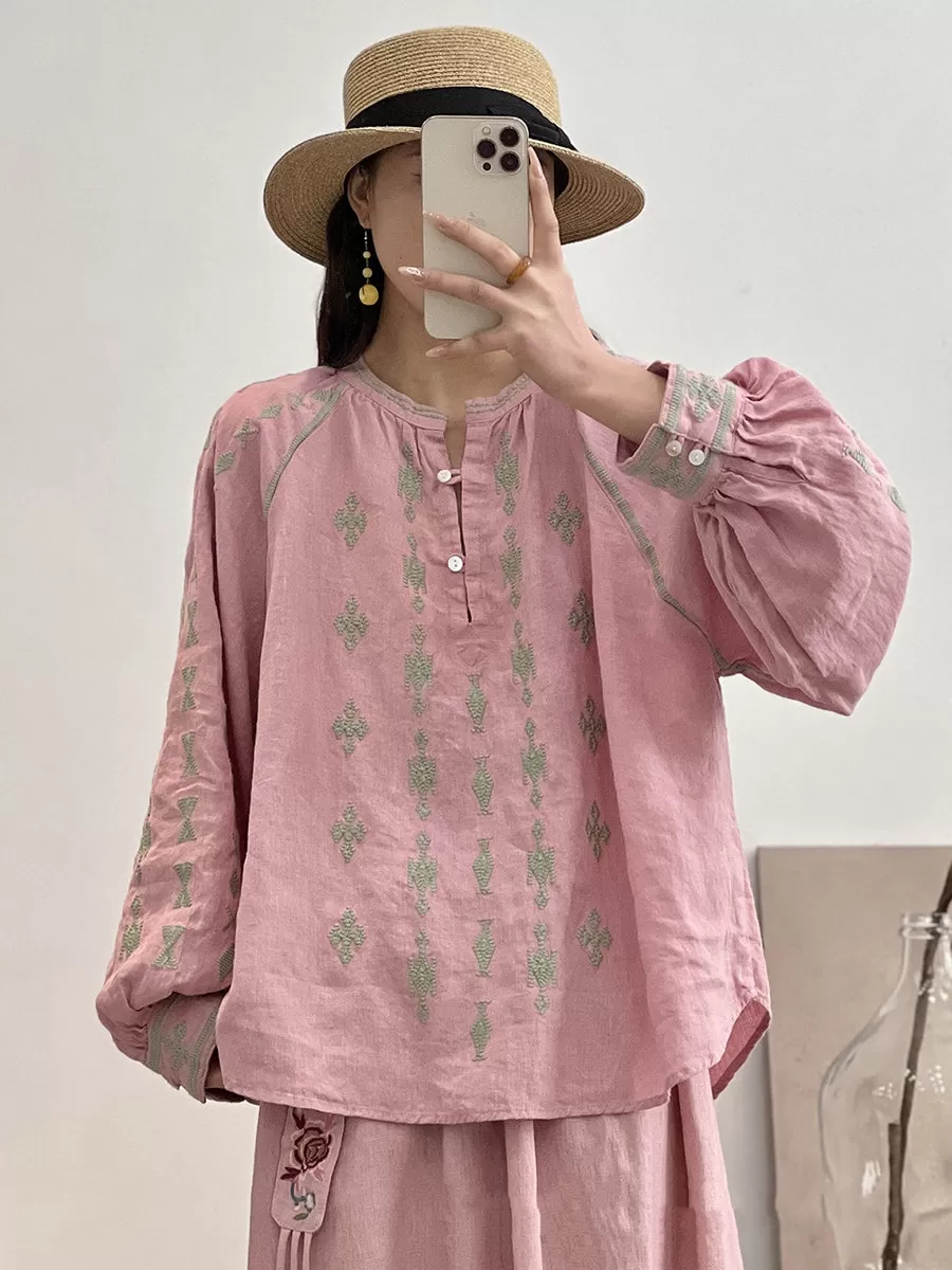 Women Ethnic Print Spring Loose Linen Shirt