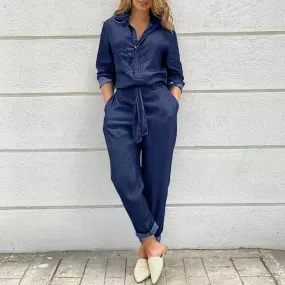 Women Long Jumpsuit Spring Autumn Denim Playsuits Ladies Pantalon Loose Long Sleeve Lapel Button Up Office Overalls