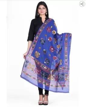 Women Pure Cotton Aari Embroidery Foil Mirror Dupatta