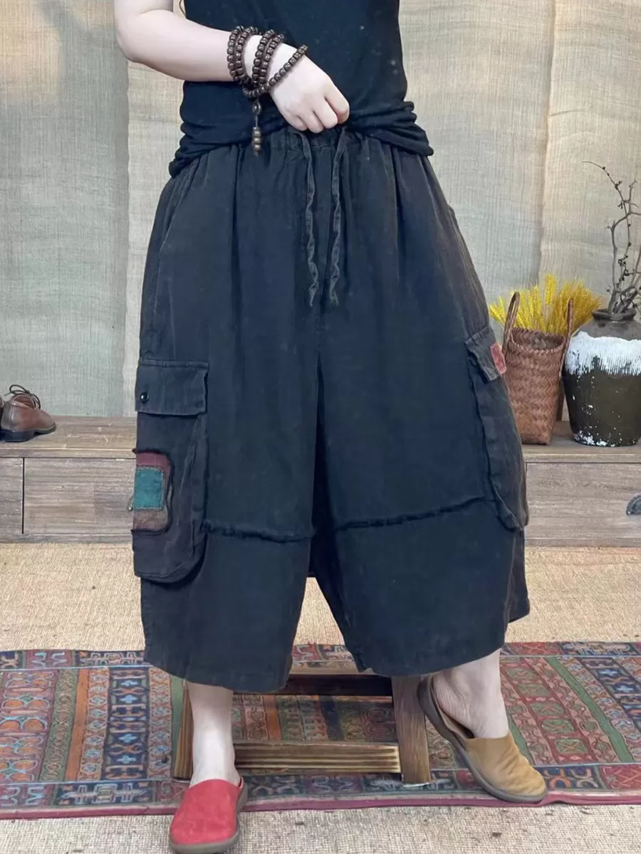 Women Retro Spliced Summer Loose Wide-leg Pants KL1027