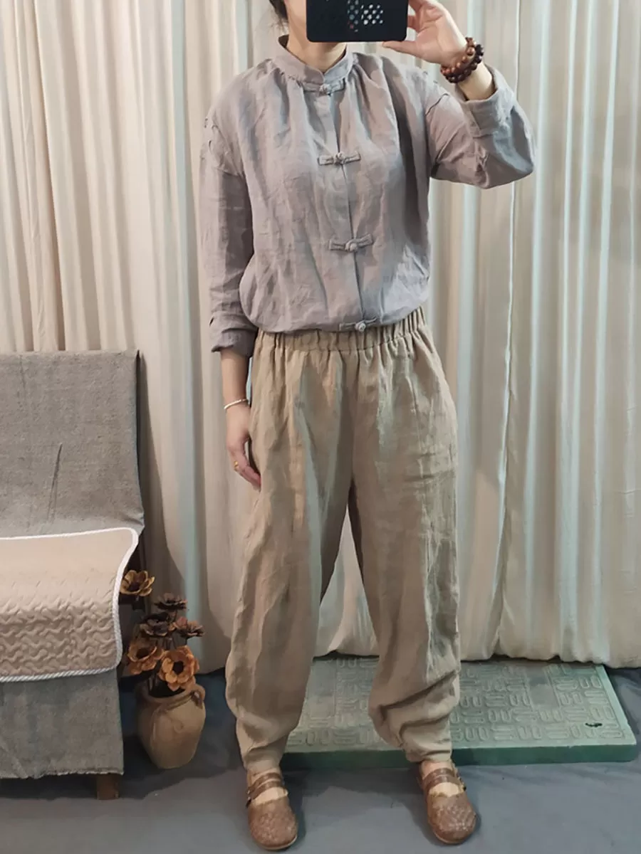 Women Spring Vintage Solid Solid Ramie Loose Pants KL1032